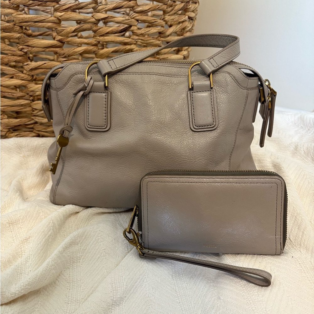 Fossil Taupe Leather Handbag and Wallet Set